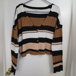 Jolie & Joy Womens Knit Sweater Cardigan Button V-Neck Crop Colorblock Striped